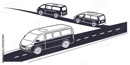 Vehicles traveling on a highway with a truck in the middle lane. Vector