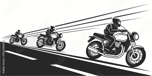 A group of motorcyclists riding in a line on a road Vector