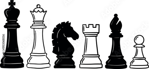 Flat design vector chess pieces row king queen knight rook bishop pawn monochrome close up front view bold outline minimal