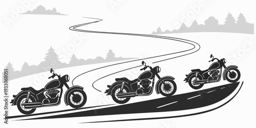 Group of motorcyclists riding on a winding mountain road with scenic views Vector