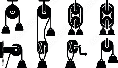 Minimalist vector pulley block icon set showing single double sheave hoist with weights crank lever side front views industrial silhouette