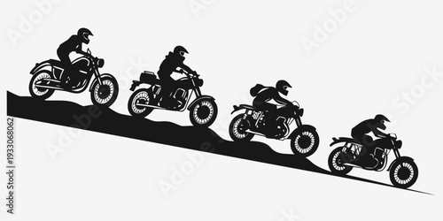 Four motorcycles riding on a narrow beam above a white background Vector