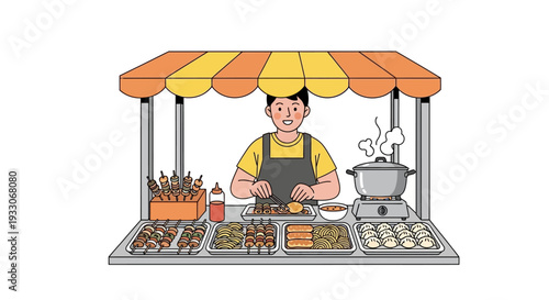 Smiling Street Food Vendor Serving Grilled Snacks and Asian Cuisine at Outdoor Stall Vector Illustration