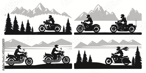 Group of motorcyclists enjoying a scenic ride through a mountainous landscape Vector