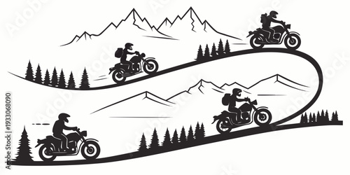 Four people riding motorcycles through a scenic mountain landscape with trees Vector