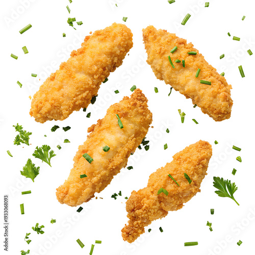 Crispy golden fried chicken strips with fresh green herbs on