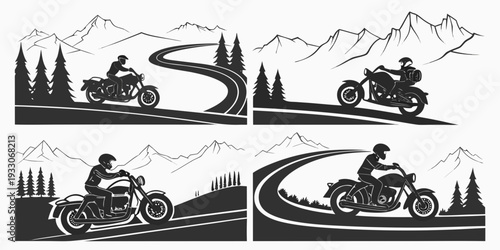 Adventurous motorcyclists navigate through various terrains and challenges. Vector