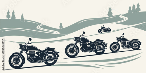 Three motorcyclists riding on a mountain road with scenic views Vector