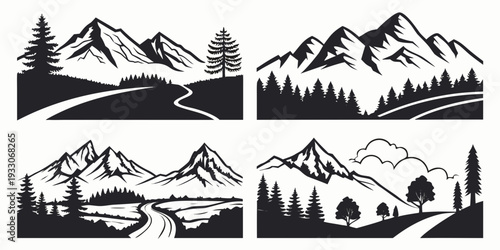 Four distinct black and white illustrations of mountain landscapes Vector
