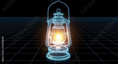 A glowing lantern sits on a grid floor in a dark room with a blue outline.