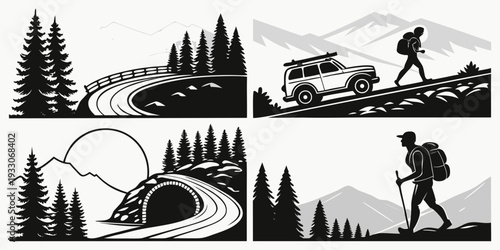 A person hiking through various landscapes with a backpack and trekking poles. Vector