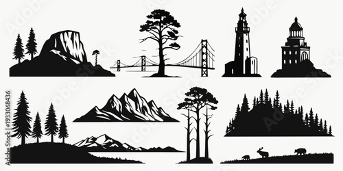 A collection of diverse trees and landscapes in black and white illustration Vector
