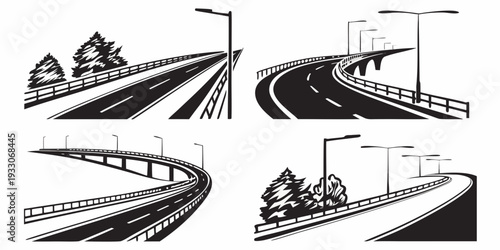 A series of four black and white illustrations depicting a train on a track Vector