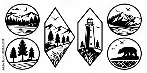 A collection of symbols representing various types of landmarks and natural features Vector
