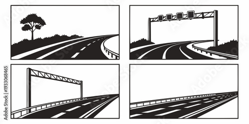 A series of images depicting the construction of a road over a river. Vector