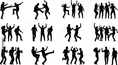 Black silhouettes of happy people dancing and partying in various energetic poses isolated on white background for nightclub events celebration and disco posters