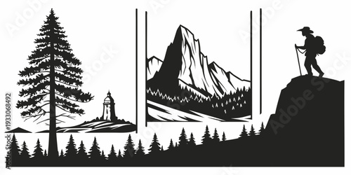 A climber ascends a rocky mountain peak with a scenic view of trees and distant peaks Vector