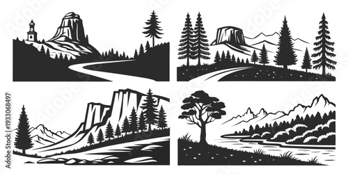 Four distinct landscapes showcasing mountains, trees, and a serene countryside Vector