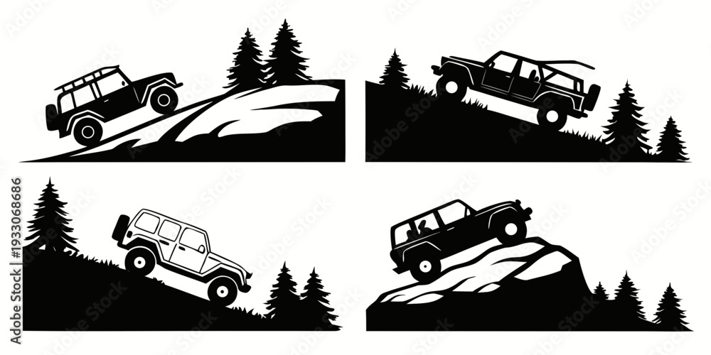 Obraz premium Four vehicles navigating through a mountainous terrain with steep inclines and declines. Vector