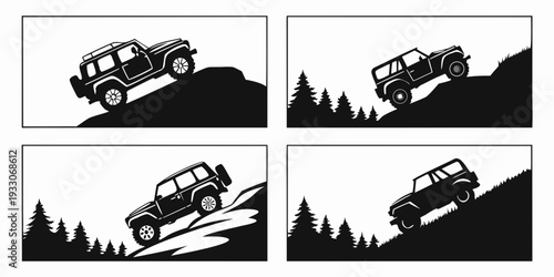 Off-road vehicles navigating through challenging mountainous terrain with trees Vector