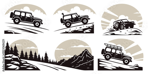 Vintage cars navigating through a snowy mountain pass in the early 20th century. Vector