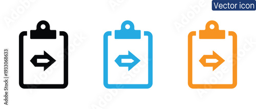 Set of clipboard icons with arrow symbols in black, blue, and orange colors