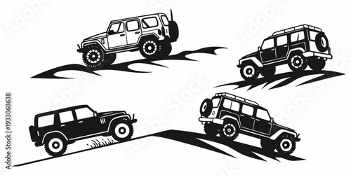 Four vintage cars driving on a winding road in a stylized illustration Vector