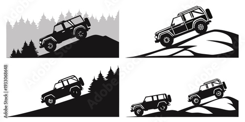 Four different types of motorbikes riding through a rough terrain Vector