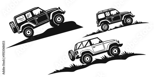 Three off-road vehicles navigating through a rugged terrain with caution Vector