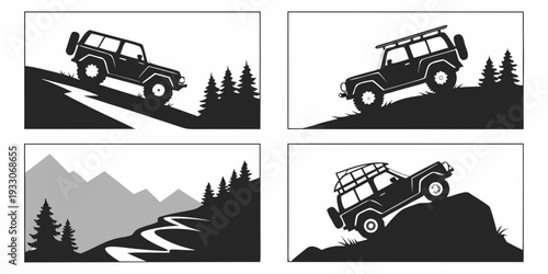 Off-road vehicles navigating through challenging terrains in a mountainous landscape Vector