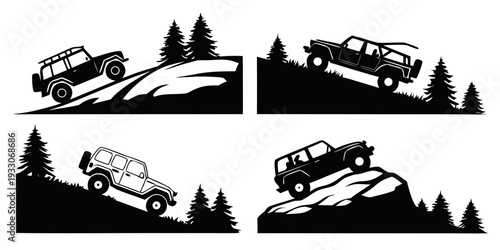 Four vehicles navigating through a mountainous terrain with steep inclines and declines. Vector