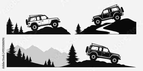 Four wheel drive vehicles navigating through a rugged mountainous terrain Vector