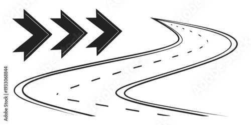 Arrows pointing to a winding road with dashed lines Vector