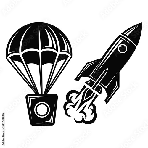 Black and white illustration of a rocket and parachute with smoke