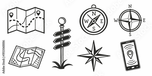 Illustrations of various navigation tools and symbols used for orientation and direction. Vector