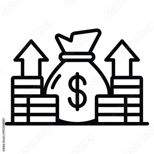 Black line icon of a money bag with dollar sign and two stacks of coins with arrows pointing up, symbolizing financial growth and profit