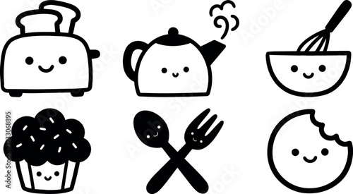 Kawaii line art kitchen icon set showing smiling toaster kettle whisk mixing bowl muffin cookie fork spoon close up