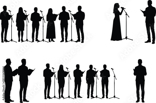 Set of Choir Singers Silhouettes Performing on Stage with Microphones and Music Folders Including Male and Female Vocalists Group and Solo Artists Vector Illustration