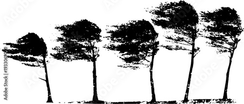 High contrast abstract grunge wind gust lines stencil art with trees silhouette for design
