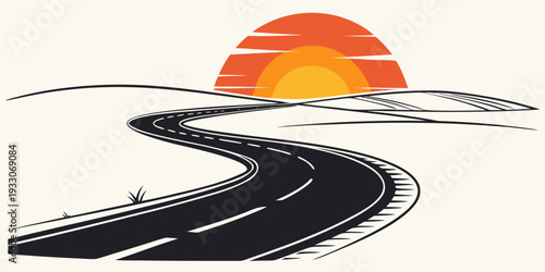 A winding road leading towards a vibrant sunset on the horizon Vector