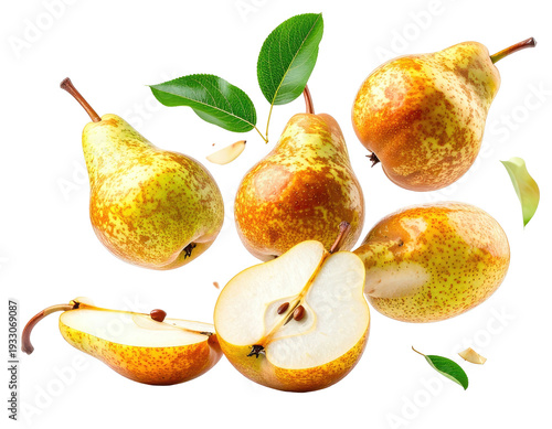 Ripe pears with leaves and slices, arranged for a vibrant fruit display