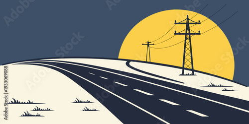 A serene sunset over a winding road with power lines and distant mountains Vector