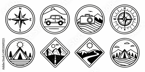 A collection of nine distinct symbols, each within its own circular frame. Vector