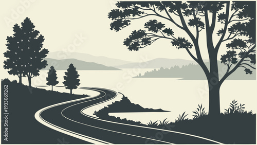 A serene landscape with a winding road leading to a tranquil lake surrounded by trees. Vector