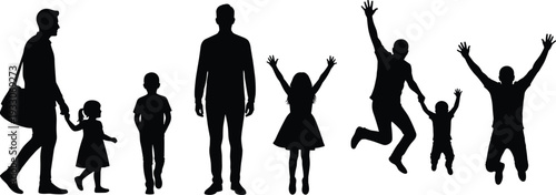 Silhouettes of diverse happy people including fathers walking with children and joyful kids jumping and cheering isolated on white background for family concept designs
