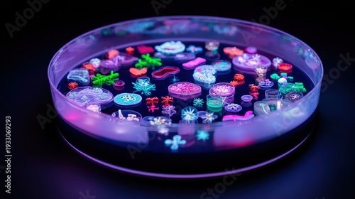 Glowing Petri dish overflowing with vibrant abstract representations of scientific concepts.