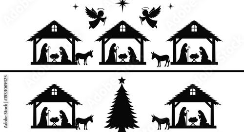 Silhouette illustration of multiple nativity scenes with Mary, Joseph, baby Jesus, angels, donkey, stable, and Christmas tree, symbolizing Christian tradition, holiday season, and festive 