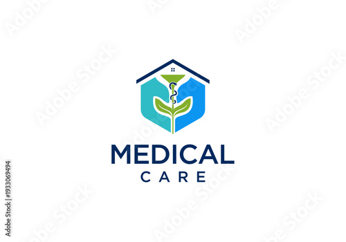 medical icon logo design vector, hand logo with caduceus