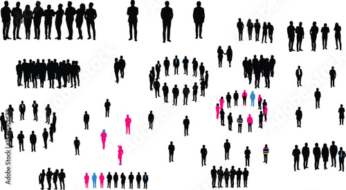 Vector silhouettes set of diverse business people groups and individuals standing together in circles and rows for corporate teamwork leadership and professional community concepts.