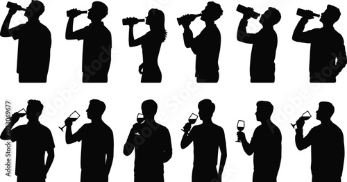 Silhouette illustration of people drinking from bottles and wine glasses in profile view, representing beverage consumption, lifestyle, alcohol, party, and social design concept
